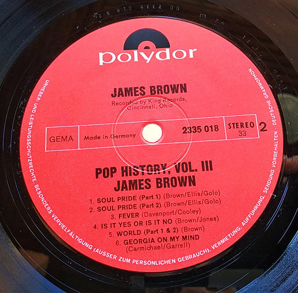 Image of Label Cover of 2xLP - VG/VG - JAMES BROWN, Pop History Vol 3 (Polydor Red Label; 2625 009, Germany 1971, Gatefold), ,  - 3626171E
