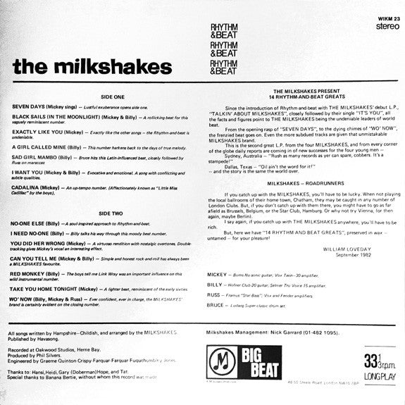 Image of Back Cover of LP - VG+/VG+ - THE MILKSHAKES, Fourteen Rhythm & Beat Greats (Big Beat Records ; WIKM 23, UK 1984 Reissue), Corner Crease,  - 3526332E