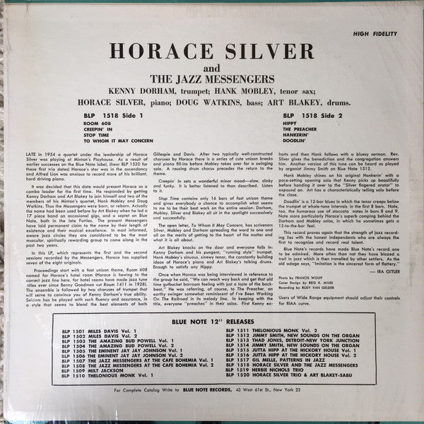 Image of Back Cover of LP - VG/VG - HORACE SILVER AND THE JAZZ MESSENGERS, Horace Silver And The Jazz Messengers (Blue Note (Division of Liberty); BLP 1518, US 1966 Reissue), A few light hairlines and scuffs - nothing serious.,  - 3626178E
