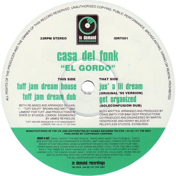 Image of Front Cover of 12" - /G+ - CASA DEL FONK, El Gordo (In Demand Recordings; IDRT001, UK 1996), Light marks and scuffs.,  - 3616182C