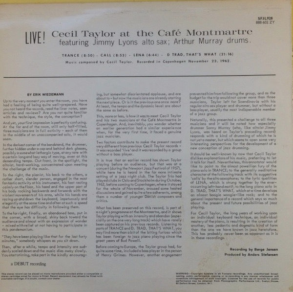 Image of Back Cover of LP - VG/VG - CECIL TAYLOR, Cecil Taylor At The Caf  Montmartre (Fontana; SFJL928, UK 1969 Reissue, Laminated Sleeve), A couple of light creases to sleeve. Disc has only the lightest of hairlines.,  - 3616197C