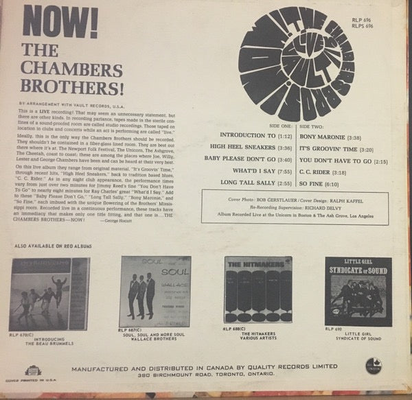 Image of Back Cover of LP - VG/G+ - THE CHAMBERS BROTHERS, Now! (Reo; RLPS 696, Canada 1967, Pasteback Sleeve, Stereo), Light marks only,  - 3616199C