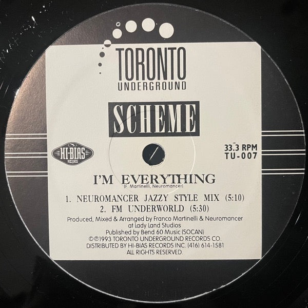 Image of Label Cover of 12" - G+/G+ - SCHEME, And I Need You (Toronto Underground; TU-007, Canada 1993, Die Cut Company Sleeve), Light marks and scuffs. Sleeve is tattered and ringworn., A1	And I Need You (Neuromancer Underground Mix)5:20A2	And I Need You (FM Club MIx)5:32B1	I'm Everything (Neuromancer Jazzy Style Mix)5:10B2	I'm Everything (FM Underworld)5:30 - 3616185C