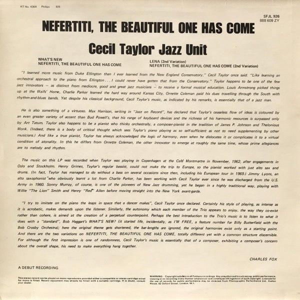 Image of Back Cover of LP - VG+/VG - CECIL TAYLOR JAZZ UNIT, Nefertiti, The Beautiful One Has Come (Fontana; SFJL 926, UK 1969 Reissue, Laminated Sleeve), Strong VG to disc - only the lightest of marks.,  - 3616201C