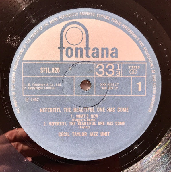 Image of Label Cover of LP - VG+/VG - CECIL TAYLOR JAZZ UNIT, Nefertiti, The Beautiful One Has Come (Fontana; SFJL 926, UK 1969 Reissue, Laminated Sleeve), Strong VG to disc - only the lightest of marks.,  - 3616201C