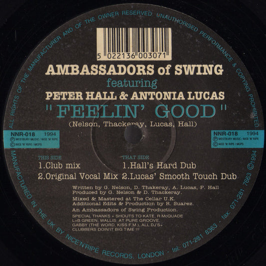 Image of Front Cover of 12" - /G+ - AMBASSADORS OF SWING FEATURING PETER HALL & ANTONIA LUCAS, Feelin' Good (Nice 'N' Ripe; NNR-018, UK 1994, Plain Sleeve), ,  - 3626139E