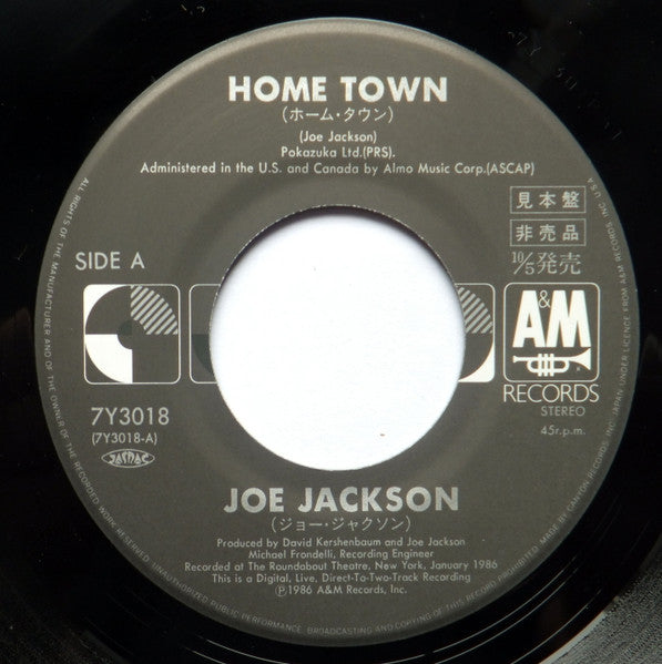 Image of Label Cover of 7" - VG+/VG+ - JOE JACKSON, Home Town (A&M Records; 7Y3018, Japan 1986, Promo, Insert & C), Small smudge/stain on insert (like the discogs picture).,  - 3616171C