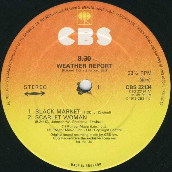 Image of Label Cover of 2xLP - VG/VG - WEATHER REPORT, 8:30 (CBS; CBS 22134, UK 1980s Reissue, Gatefold), ,  - 3626194E