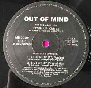 Image of Label Cover of 12" - VG/VG - OUT OF MIND, Listen Up (Mega Beat Records ; MB 20591, Italy 1991, Company Sleeve), light storage wear. original sleeve - light creasing,  - 3646208S