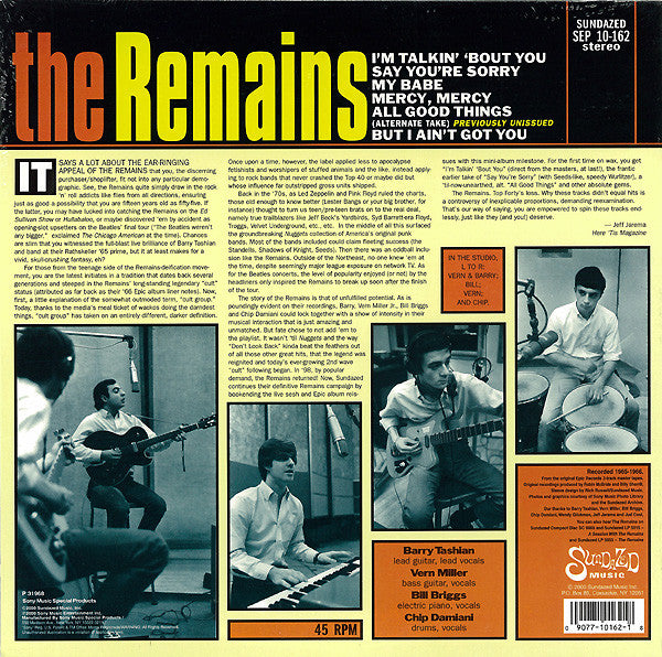 Image of Back Cover of 10" EP - EX/EX - THE REMAINS, I'm Talkin' 'Bout You (Sundazed Music ; SEP 10-162, US 2000, Pasted Print On Plain Sleeve), ,  - 3626224E