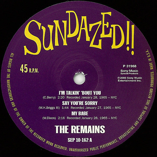 Image of Label Cover of 10" EP - EX/EX - THE REMAINS, I'm Talkin' 'Bout You (Sundazed Music ; SEP 10-162, US 2000, Pasted Print On Plain Sleeve), ,  - 3626224E