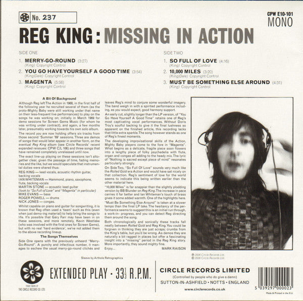 Image of Back Cover of 10" EP - EX/EX - REG KING, Missing In Action (Circle Records; CPW E10-101, UK 2006, Picture Sleeve), Limited Edition No 090,  - 3626216E