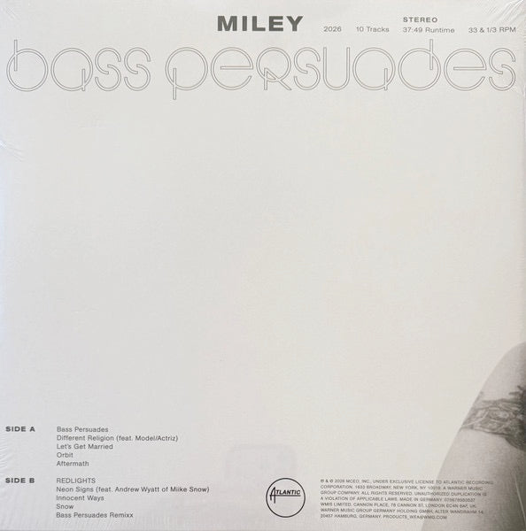 Image of Back Cover of LP - NEW/NEW - MILEY CYRUS, Bass Persuades (Atlantic; 0075678583544, UK 2026, Gatefold, 24x36 Poster, RSD Stores Exclusive Apple Vinyl ), , Bass Persuades, the 10th studio album by Miley, released via Atlantic Records. - 3816150C