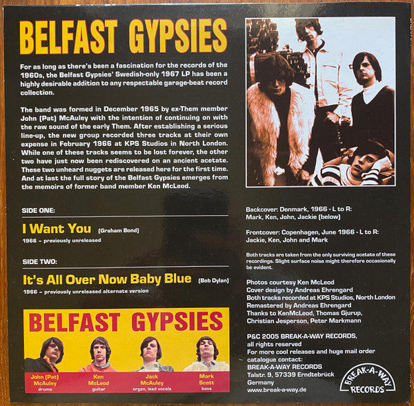 Image of Back Cover of 10" - EX/EX - THE BELFAST GYPSIES, I Want You / It's All Over Now Baby Blue (Break-A-Way Records ; Break 013, Germany 2005, Picture Sleeve, Insert), ,  - 3626213E