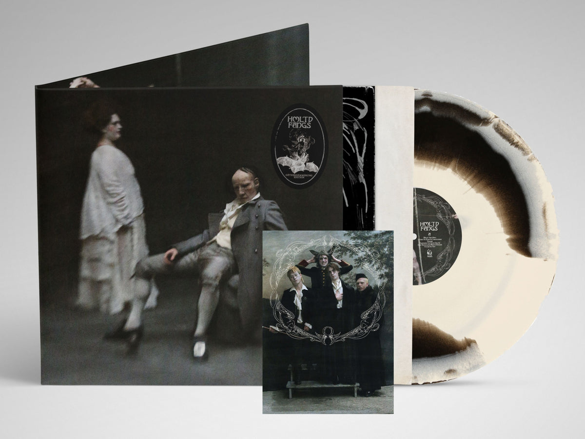 Image of Back Cover of LP - NEW/NEW - HMLTD, Fangs (Lucky Number; LUCKY185LPX, UK 2026, Gatefold, Signed Postcard, Indies Exclusive 'Götherdämmerung Edition' Black & White Splatter Vinyl), , HMLTD return with Fangs, a sharp reinvention that trades the orchestral scale of The Worm for rave synths, four-to-the-floor electronics, gothic howls and black metal screams. The band describe the resulting sound as Götherdämmerung, or ÜberGöth, reframing goth through modern electronic and doomscroll-era dance music. -