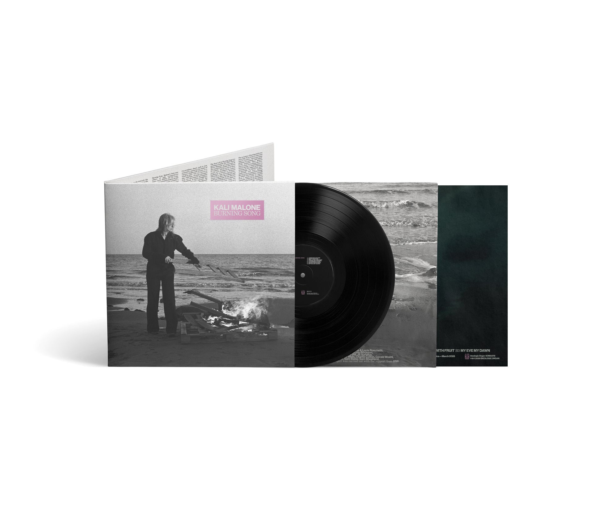 Image of Back Cover of LP - NEW/NEW - KALI MALONE, Burning Song (Ideologic Organ; SOMA078LP, UK 2026, Gatefold, Inner, Black Vinyl), , Composer and organist Kali Malone returns with Burning Song, recorded on the Bach Organ at Leipzig's historic Thomaskirche. Joined by Lucy Railton on cello and Stephen O'Malley on bowed acoustic guitar, Malone develops the deep-listening collaboration of Does Spring Hide Its Joy through slow-moving, intuitive compositions. - 9412768C