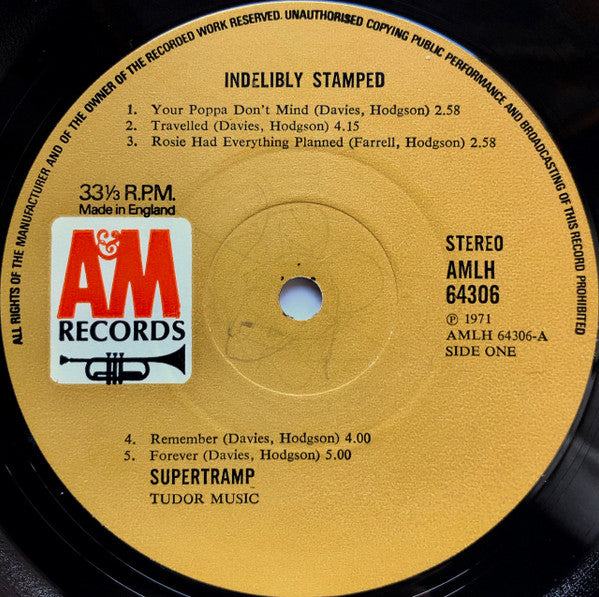 Image of Label Cover of LP - G+/VG - SUPERTRAMP, Indelibly Stamped (A&M Tan; AMLH64306, UK 1971, Gatefold, "Speed" next to 33 1/3 above A&M logo), Hairlines, edge & ring wear, tear in front cover art,  - 3646224S
