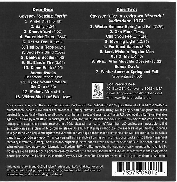 Image of Back Cover of 2xCD - EX/EX - ODYSSEY, Setting Forth (Lion Productions; LION 601, US 2013), ,  - 3656075S