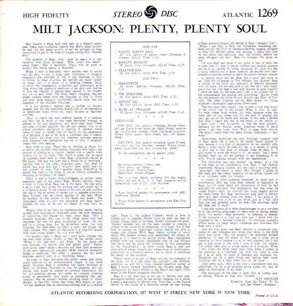 Image of Back Cover of LP - VG/G+ - MILT JACKSON, Plenty, Plenty Soul (Atlantic; SD 1269, US 1966 Reissue), ,  - 3646244S