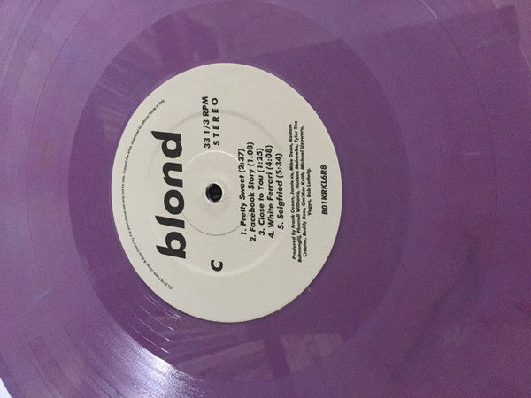 Image of Label Cover of LP - VG/VG+ - FRANK OCEAN, Blond (Not On Label (Frank Ocean); B01KRKL6R8, Italy , Unoffical Purple Marble Vinyl), Slight creasing on the sleeve.,  - 3646247S