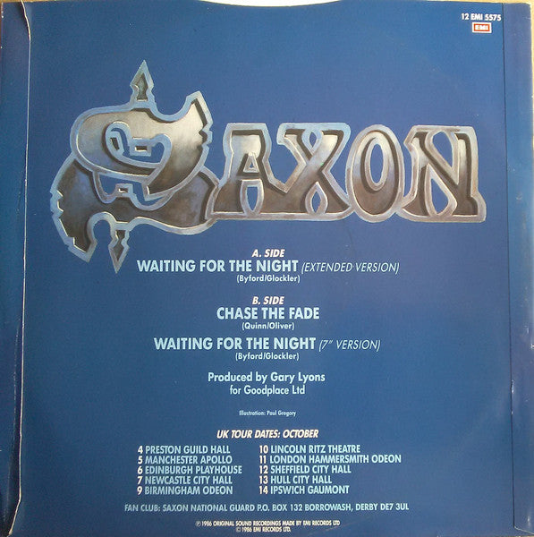 Image of Back Cover of 12" - VG/VG+ - SAXON, Waiting For The Night (EMI; 12 EMI 5575, UK 1986, Picture Sleeve), ,  - 3616178C