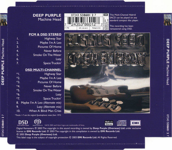 Image of Back Cover of CD - VG+/EX - DEEP PURPLE, Machine Head (EMI; 07243 538601 2 7, Europe 2003 Reissue, SACD), ,  - 3656082S