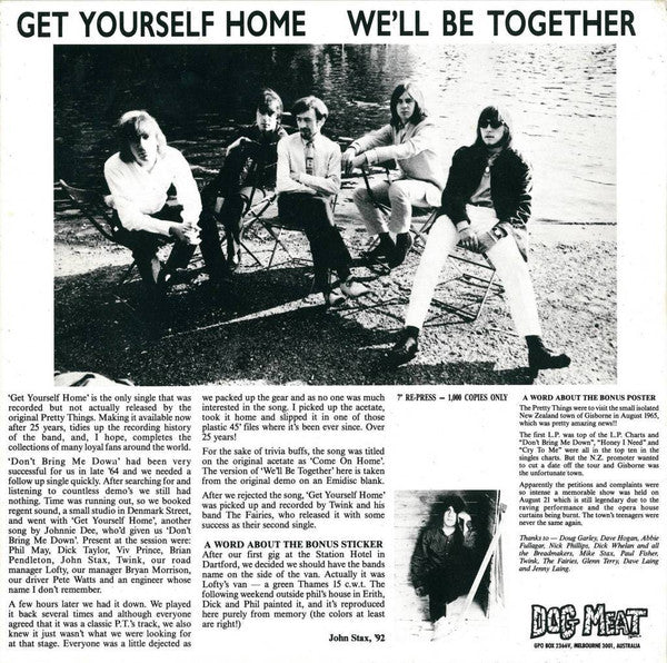Image of Back Cover of 7" - VG+/EX - THE PRETTY THINGS, Get Yourself Home / We'll Be Together (Dog Meat ; DOG 038, Australia 1992, 10" Picture Sleeve, 2 Inserts, Poster, Sticker), ,  - 3626211E