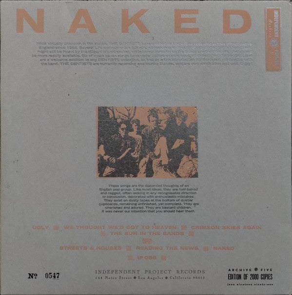 Image of Back Cover of 10" EP - VG+/EX - THE DENTISTS, Naked (Independent Project Records ; IP 036, US 1991, Textured Foldover Sleeve With Metallic Ink, Inner, Limited Edition of 2000), Limited Edition No 1051,  - 3626212E