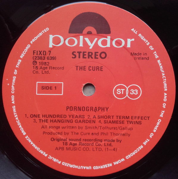 Image of Label Cover of LP - VG+/VG - THE CURE, Pornography (Polydor; FIXD 7, Ireland 1982), Strong VG,  - 3626299E