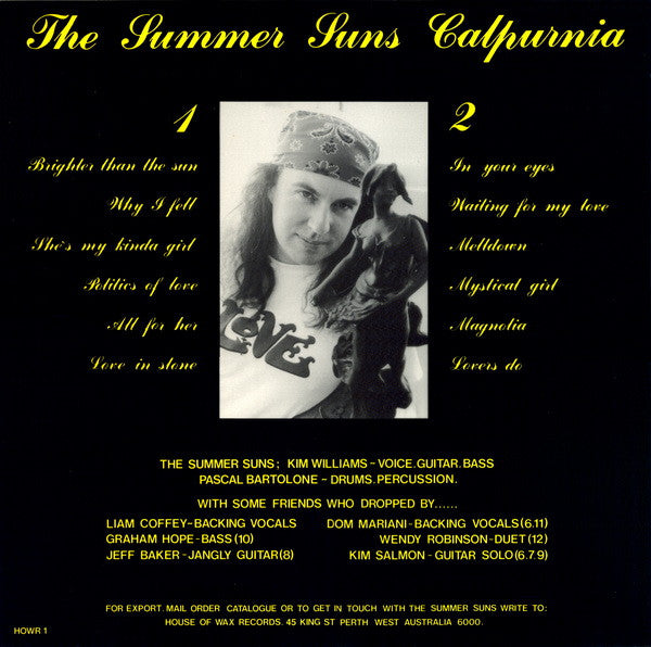 Image of Back Cover of LP - VG/VG+ - THE SUMMER SUNS, Calpurnia (House Of Wax Records ; HOWR 1, Australia 1991, Laminated Sleeve, Label Insert And Gig Flyer, Purple Vinyl), Strong VG+, Corner Bumps,  - 3626277E