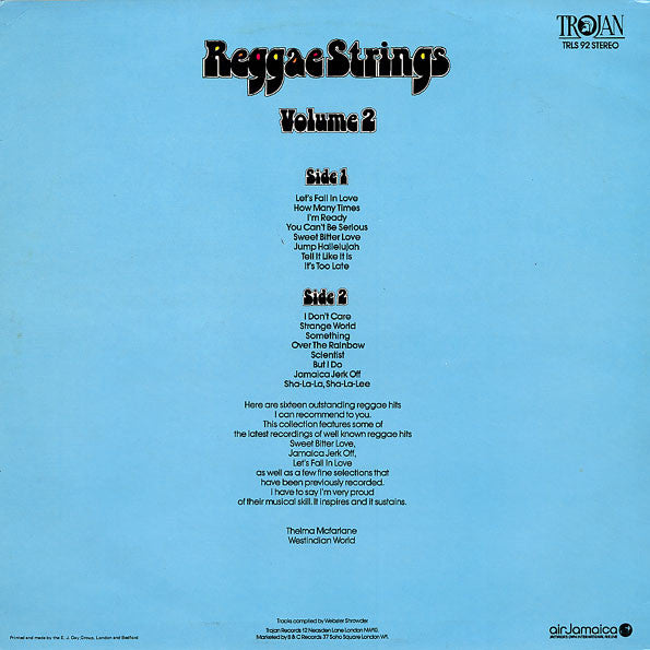 Image of Back Cover of LP - VG/VG+ - REGGAE STRINGS, Reggae Strings - Volume 2 (Trojan Records; TRLS 92, UK 1974), ,  - 3646251S