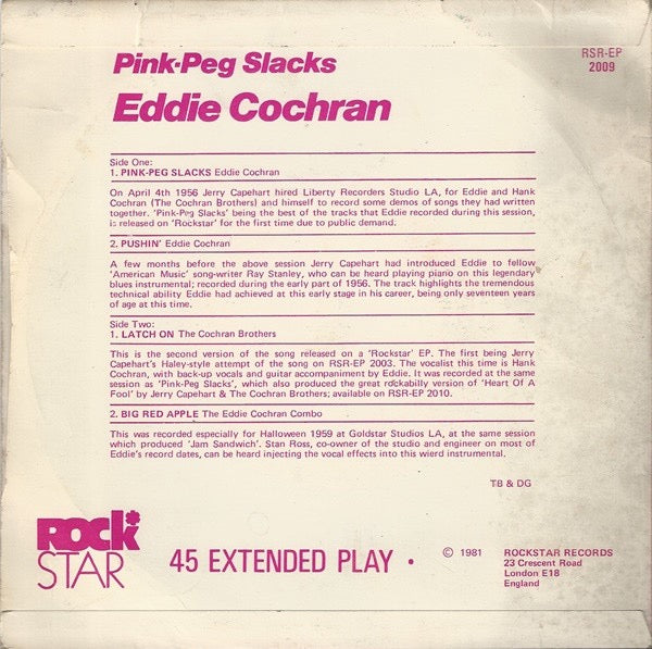 Image of Back Cover of 7" EP - VG/VG - EDDIE COCHRAN, Pink-Peg Slacks (RockStar Records; RSR-EP 2009, UK 1985, Picture Sleeve), Strong VG,  - 3616110C