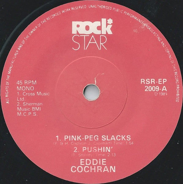 Image of Label Cover of 7" EP - VG/VG - EDDIE COCHRAN, Pink-Peg Slacks (RockStar Records; RSR-EP 2009, UK 1985, Picture Sleeve), Strong VG,  - 3616110C