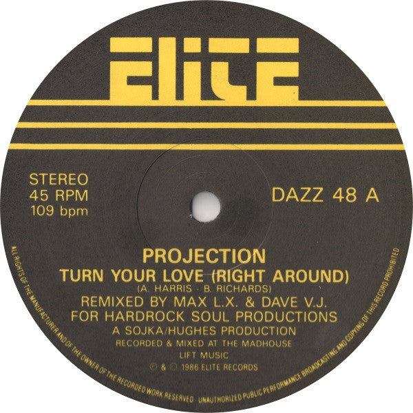 Image of Front Cover of 12" - /G - PROJECTION, Turn Your Love (Right Around) (Elite; DAZZ 48, UK 1986), Light marks only, plays G+/VG.,  - 3646264S