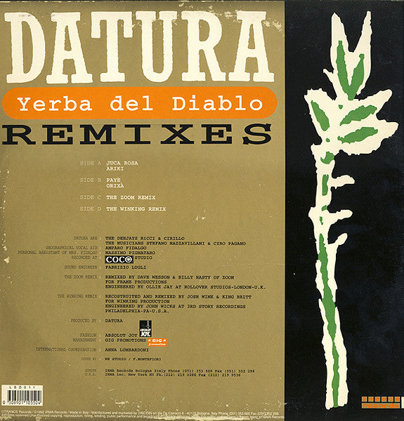 Image of Back Cover of 2x12" - G+/VG - DATURA, Yerba Del Diablo Part II (Remixes) (Trance Records; LSD 011, Italy 1992), Sleeve has wear on spine and close to VG. Vinyl has surface marks only, plays VG+.,  - 3646265S