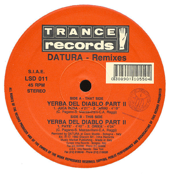 Image of Label Cover of 2x12" - G+/VG - DATURA, Yerba Del Diablo Part II (Remixes) (Trance Records; LSD 011, Italy 1992), Sleeve has wear on spine and close to VG. Vinyl has surface marks only, plays VG+.,  - 3646265S