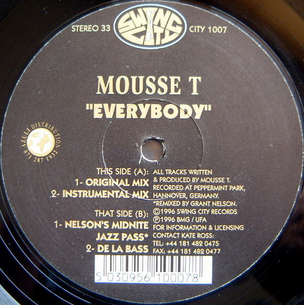Image of Front Cover of 12" - /G+ - MOUSSE T, Everybody (Swing City Records ; CITY 1007, UK 1996), Strong G+ with surface marks only, plays VG,  - 3646267S