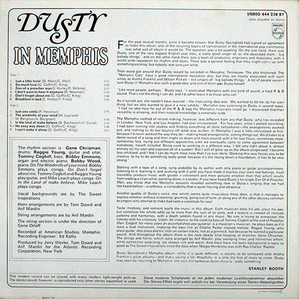 Image of Back Cover of LP - G/VG - DUSTY SPRINGFIELD, Dusty In Memphis (Philips ; SBL 7889, UK 1969, Laminated Sleeve, Stereo), Top and Bottom Seam Split,  - 3626312E