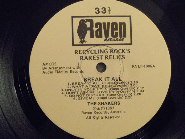 Image of Label Cover of LP - VG+/EX - THE SHAKERS, Break It All (Raven Records ; RVLP-1006, Australia 1983 Reissue, Laminated Front Sleeve), ,  - 3626257E