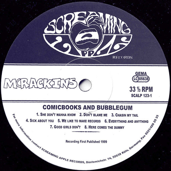 Image of Label Cover of LP - VG+/EX - MCRACKINS!!, Comicbooks And Bubblegum (Screaming Apple ; SCALP 123, Germany 1999), ,  - 3626251E