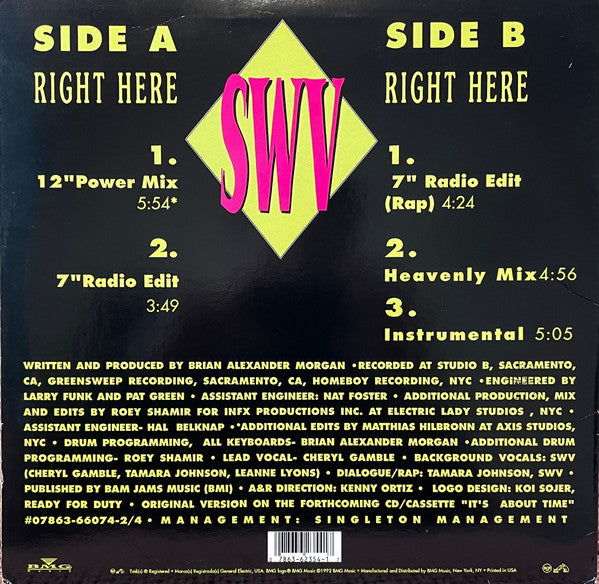 Image of Back Cover of 12" - VG/VG - SWV, Right Here (RCA; 07863 62354-1, US 1992, Picture Sleeve), Shrink-wrap on sleeve (some staining),  - 3616278C