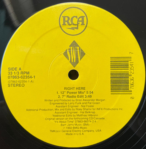 Image of Label Cover of 12" - VG/VG - SWV, Right Here (RCA; 07863 62354-1, US 1992, Picture Sleeve), Shrink-wrap on sleeve (some staining),  - 3616278C