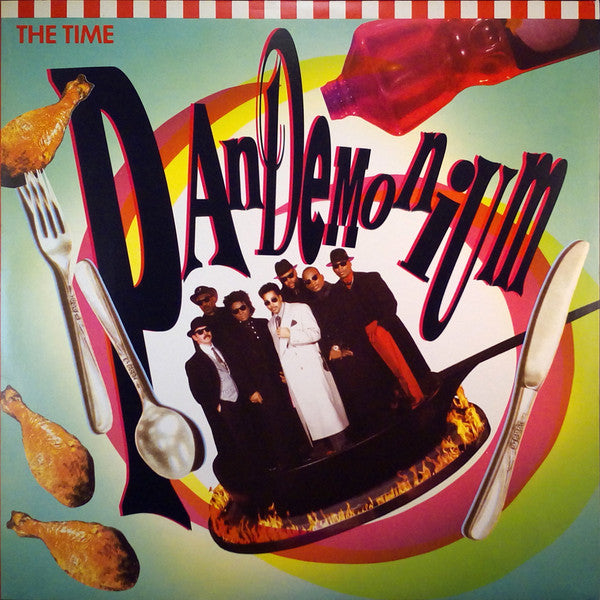 Image of Front Cover of LP - G+/G - THE TIME, Pandemonium (Paisley Park; 7599-27490-1, UK & Europe 1990), Lots of marks on record. Sleeve has liquid staining and damage at corner. Wear and small rips and creased at other corners and spine / edges. Small rip from opening and sticker damage on front,  - 3616282C