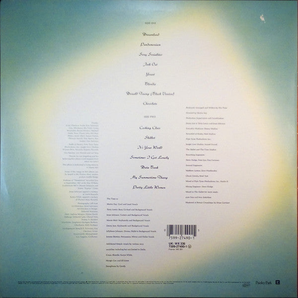 Image of Back Cover of LP - G+/G - THE TIME, Pandemonium (Paisley Park; 7599-27490-1, UK & Europe 1990), Lots of marks on record. Sleeve has liquid staining and damage at corner. Wear and small rips and creased at other corners and spine / edges. Small rip from opening and sticker damage on front,  - 3616282C