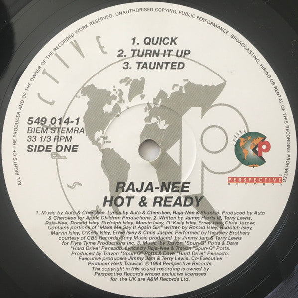 Image of Label Cover of 2xLP - G+/G+ - RAJA-NE , Hot & Ready (Perspective Records; 549 014-1, Europe 1994), Record scuffed and marked but conservatively graded. Sleeve has some wear at edges and corners (one corner damaged). Scuffs and creases too; some fogging at top right of cover,  - 3616324C