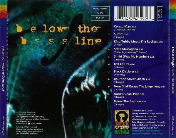 Image of Back Cover of CD - VG+/VG+ - ERNEST RANGLIN, Below The Bassline (Island Jamaica Jazz; IJCD 4002, UK & Europe 1996, Jewel Case), ,  - 3616318C