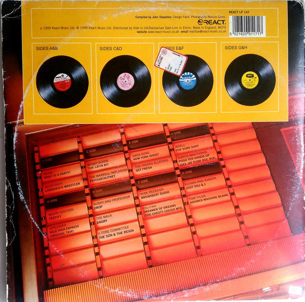 Image of Back Cover of 4xLP - VG/G+ - VARIOUS, Dope On Plastic! 6 (React; REACT LP 147, UK & Ireland 1999, Gatefold), Discs 1, 2, and 3 are VG, disc 4 is G+. Sleeve has general wear and creasing, Breakbeat / Big Beat / Electro comp, compiled by John Stapleton for React.A1 Moog   What Is A Party?A2 Slick Sixty   Lionrock's WrestlerB1 Mains Ignition   TestifyB2 Appleseed   Mile High Express (Original Trip)C1 Bobby Dupea   The Latin BitC2 The Maxwell Implosion  	 PsychochutneyD1 Bushy & Professor   Drop