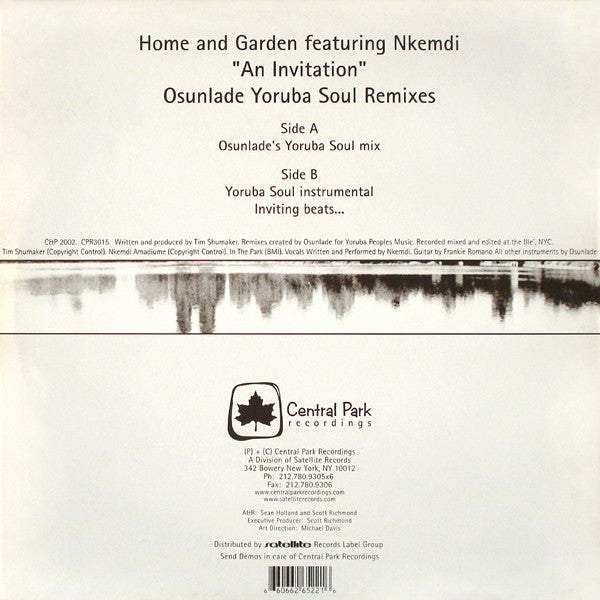 Image of Back Cover of 12" - VG/VG - HOME AND GARDEN FEATURING NKEMDI, An Invitation (Osunlade Yoruba Soul Remixes) (Central Park Recordings; CPR3015, US 2002, Picture Sleeve), ,  - 3626410E
