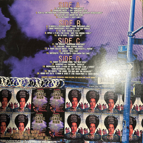 Image of Back Cover of 2xLP - G+/G+ - VARIOUS, High School High - The Soundtrack (Big Beat; 7567-92709-1, Germany 1996, Insert), Sleeve has large patch of sticker damage and ripped old sticker on front (top right cover). Wear at corners / edges; small rips on reverse,  - 3616327C