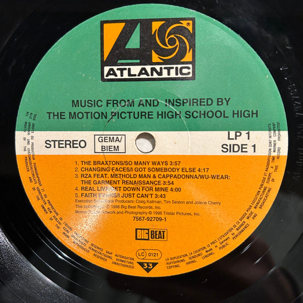 Image of Label Cover of 2xLP - G+/G+ - VARIOUS, High School High - The Soundtrack (Big Beat; 7567-92709-1, Germany 1996, Insert), Sleeve has large patch of sticker damage and ripped old sticker on front (top right cover). Wear at corners / edges; small rips on reverse,  - 3616327C